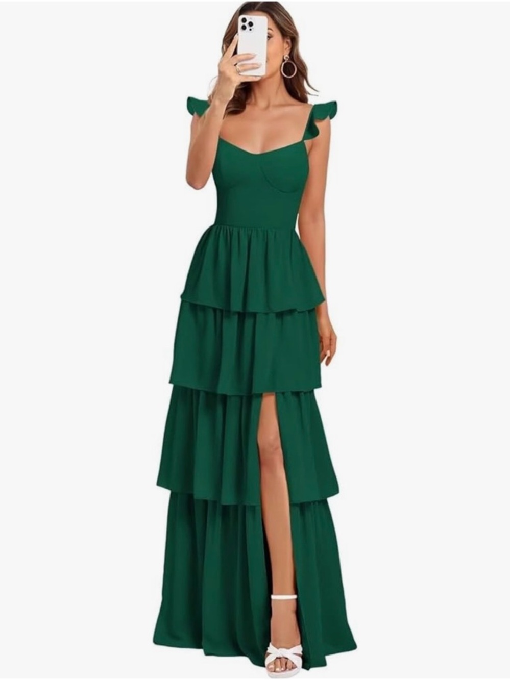 Amazon Ibpdea Dark Emerald Green Ruffle Formal Floor Length Dress, Size 4